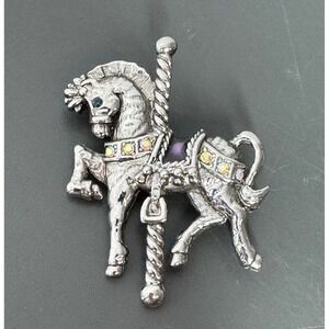 Danecraft Vintage Carousel Horse Brooch Silver Tone AB Rhinestone Carnival Pin